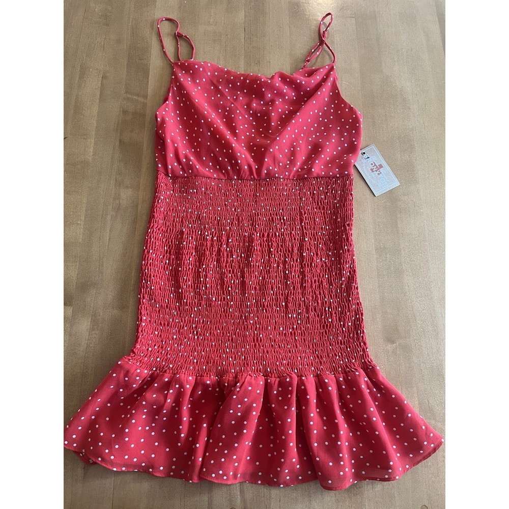 LUSH Sz M Red Polka Dot Cowl Mini Dress Smocked Body Ruffle Bronxton Bodycon NEW
